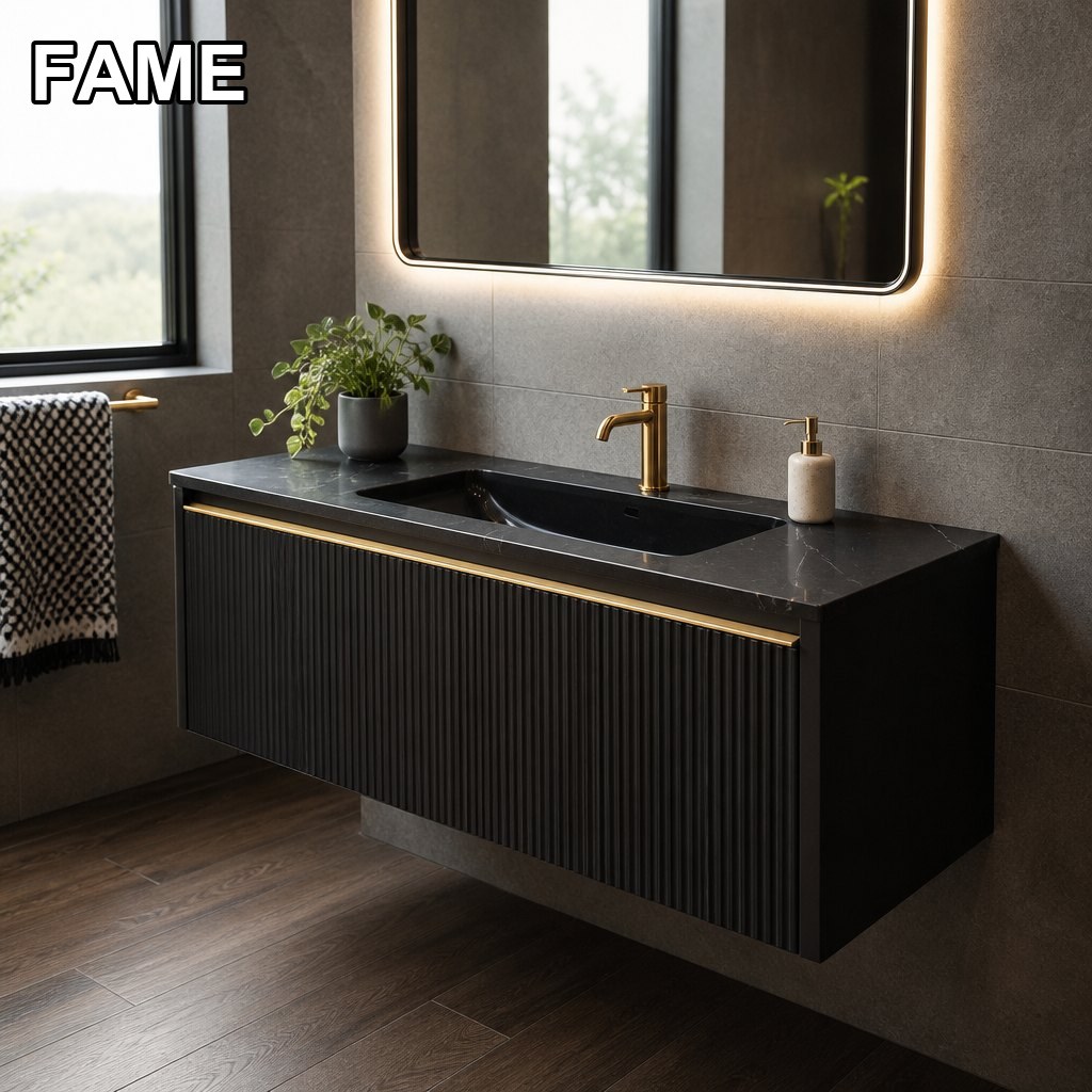 1200mm Black Fluted Gold-Trim Vanity — Dark Luxe Statement in a real bathroom setting