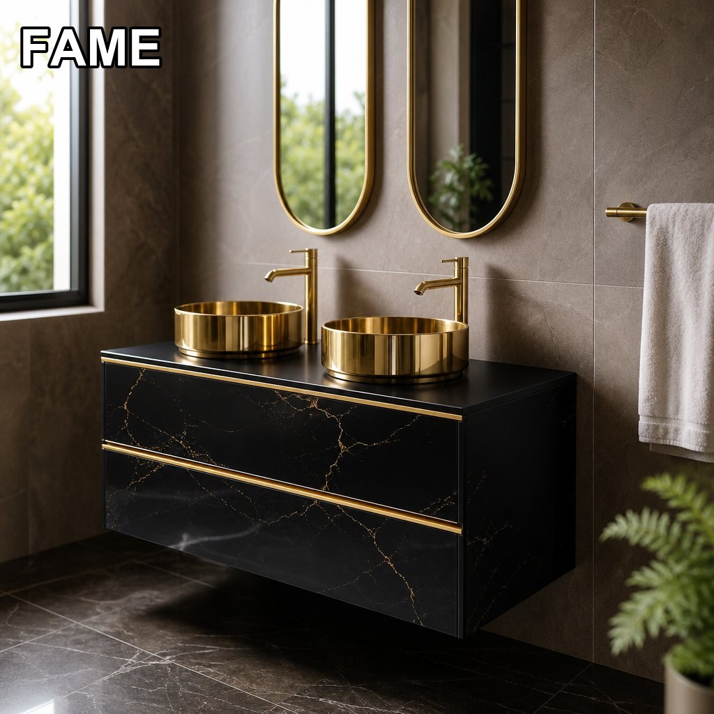 1200mm Black & Gold Vanity — Dual Gold Vessel Basins in a real bathroom setting