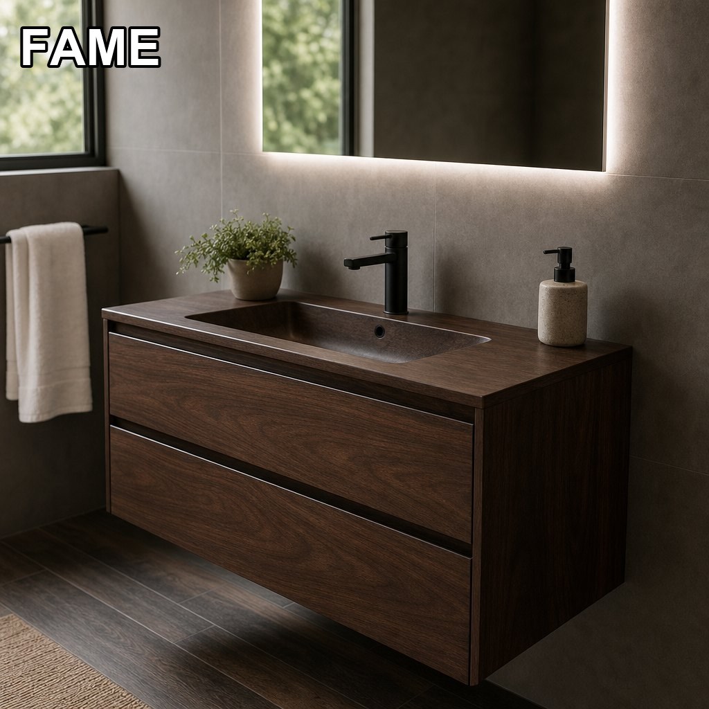 1200mm Black Walnut Vanity — Integrated Basin Top in a real bathroom setting