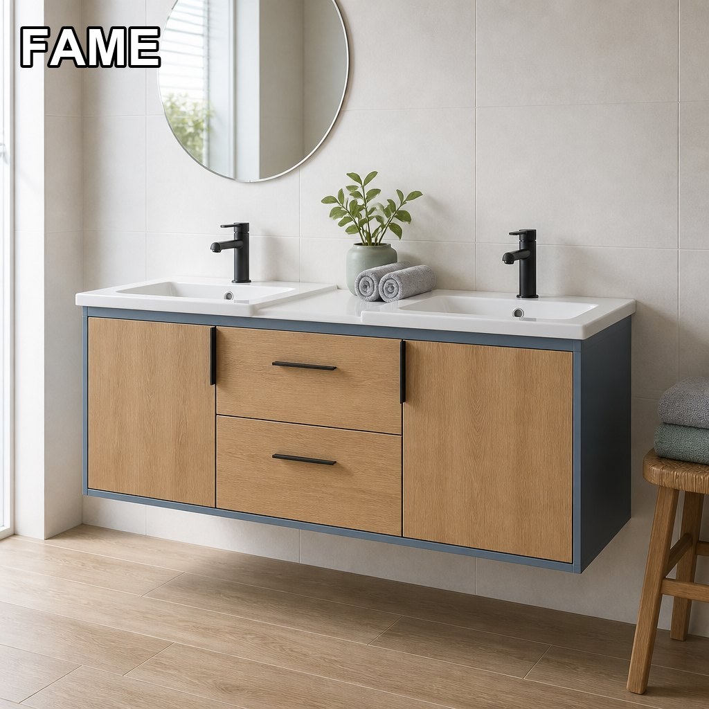 1200mm Double-Basin Coastal Wall-Hung Vanity — Two Ceramic Basins + Oak-Look Fronts in a real bathroom setting