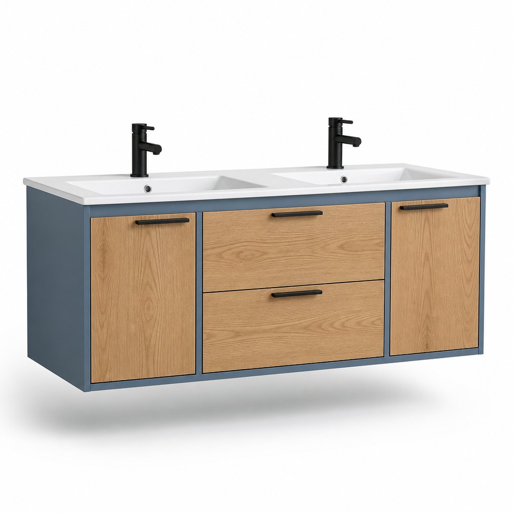 1200mm Double-Basin Coastal Wall-Hung Vanity — Two Ceramic Basins + Oak-Look Fronts — FAME bathroom cabinet manufacturer