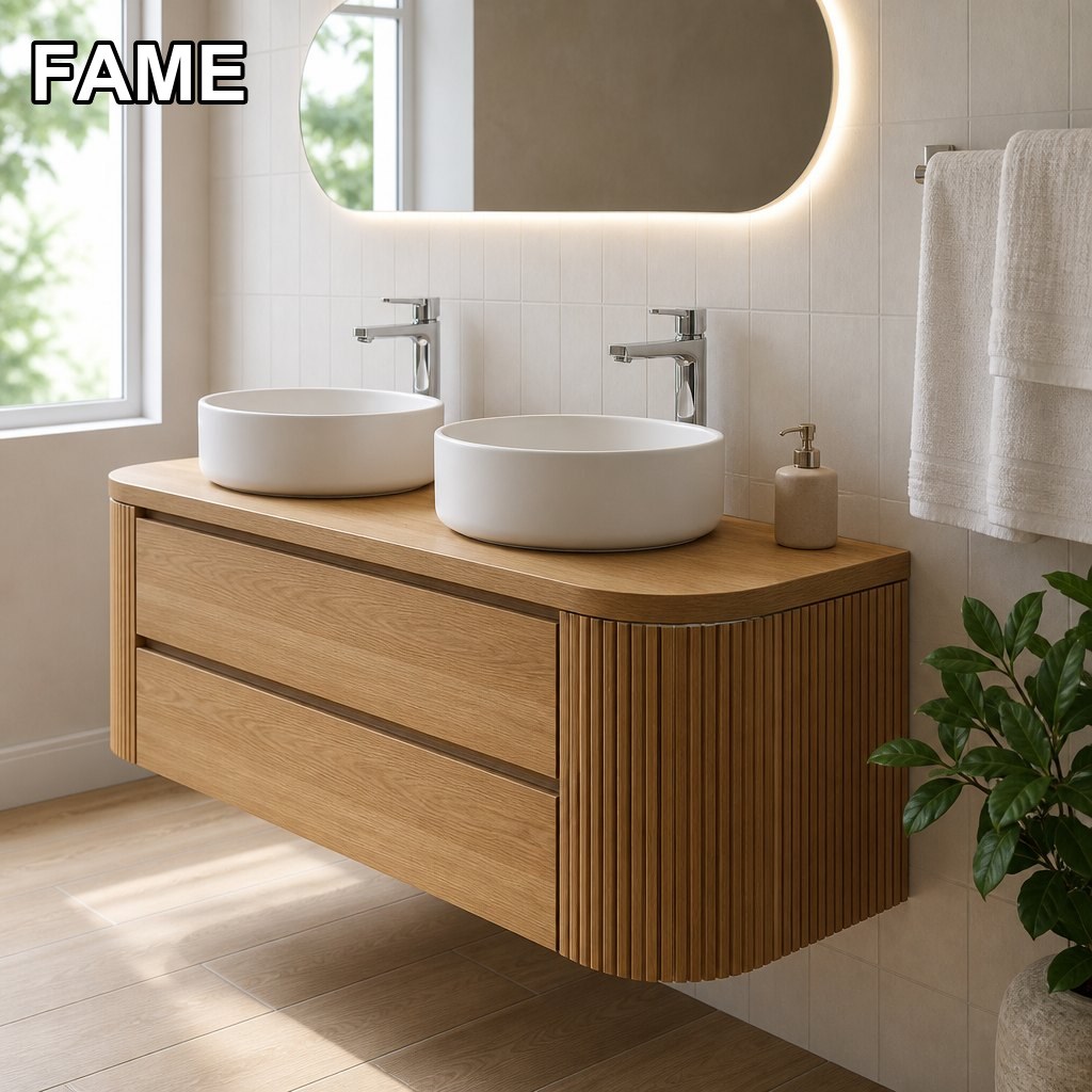1200mm Curved Fluted Oak Vanity — Signature Arc Profile in a real bathroom setting