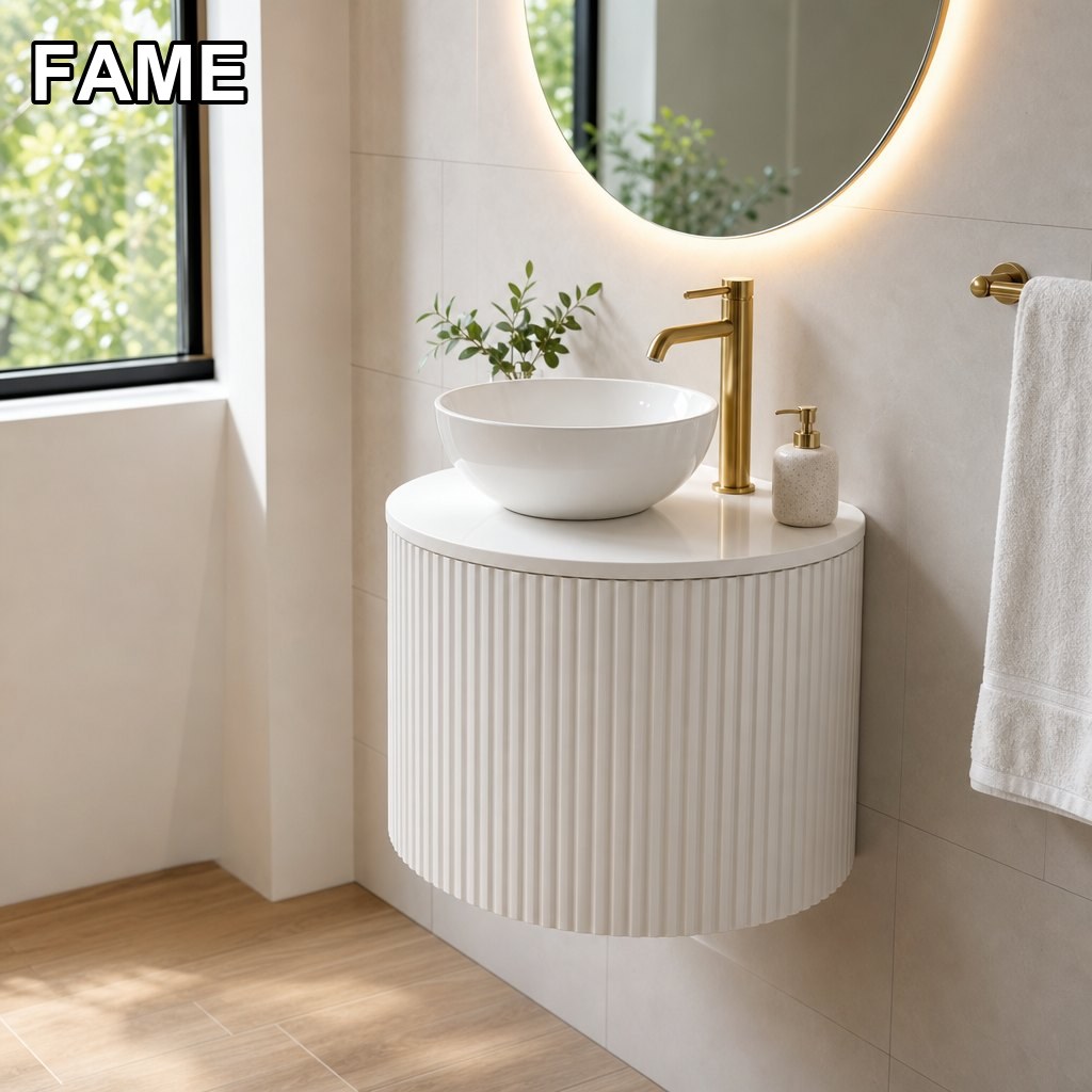 600mm Cylindrical Pedestal Vanity — Fully Rounded Fluted Barrel in a real bathroom setting