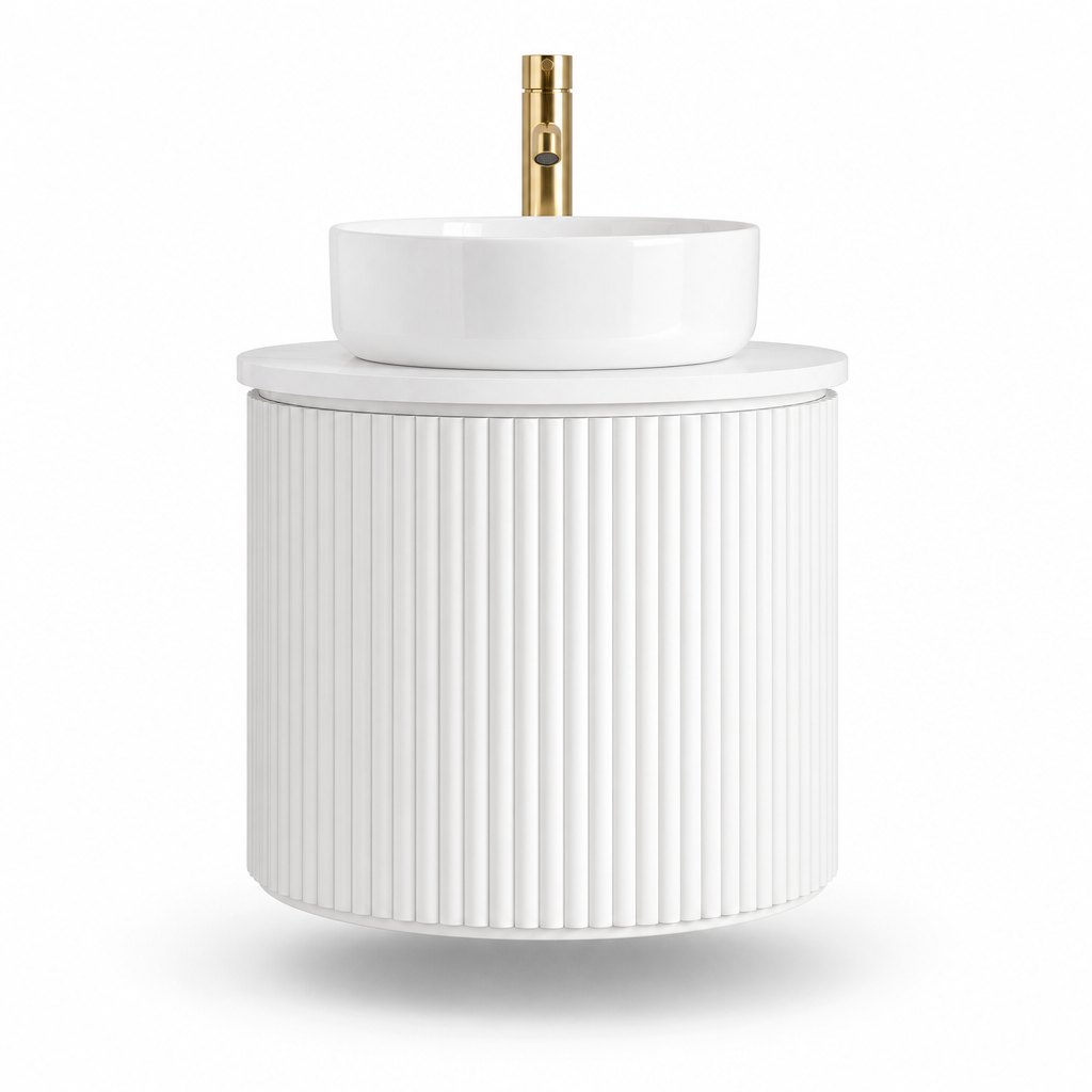 600mm Cylindrical Pedestal Vanity — Fully Rounded Fluted Barrel — FAME bathroom cabinet manufacturer