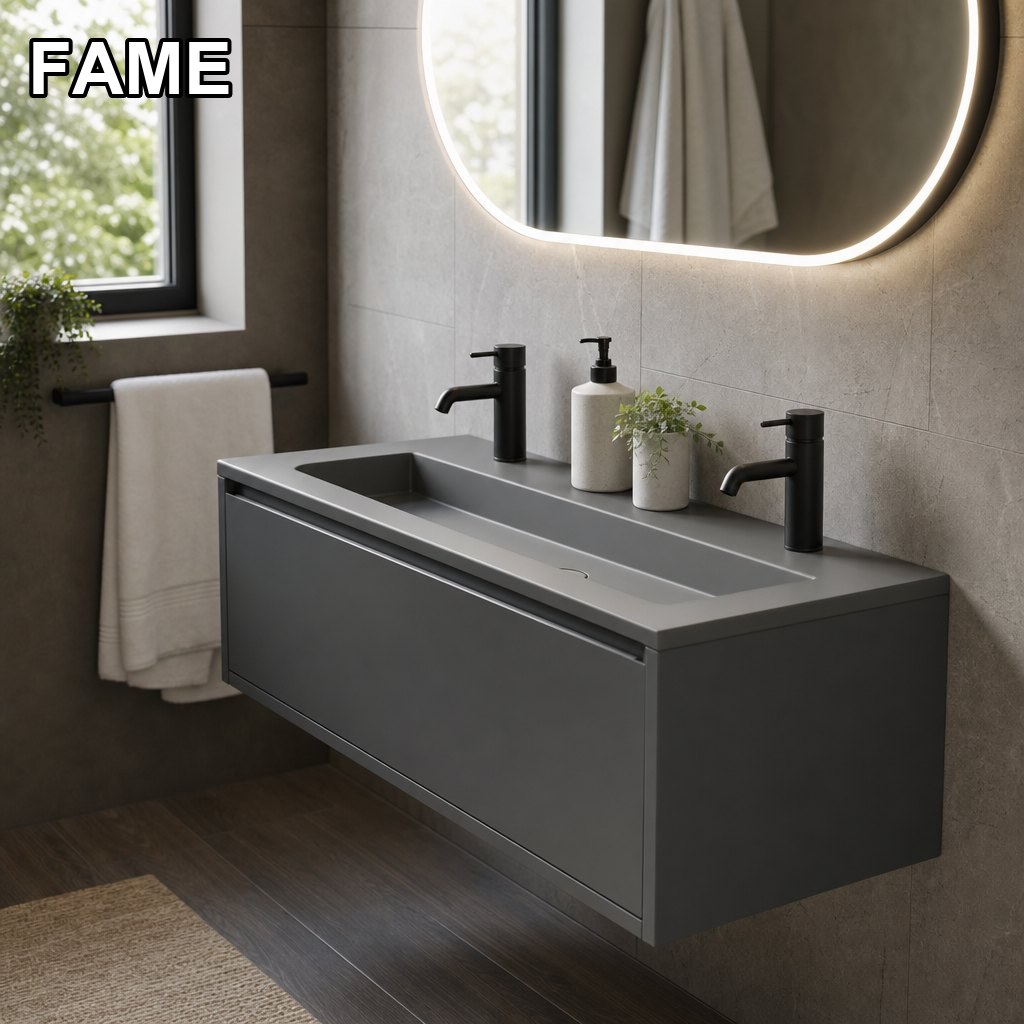 1200mm Dark Grey Vanity — Integrated Trough Basin in a real bathroom setting
