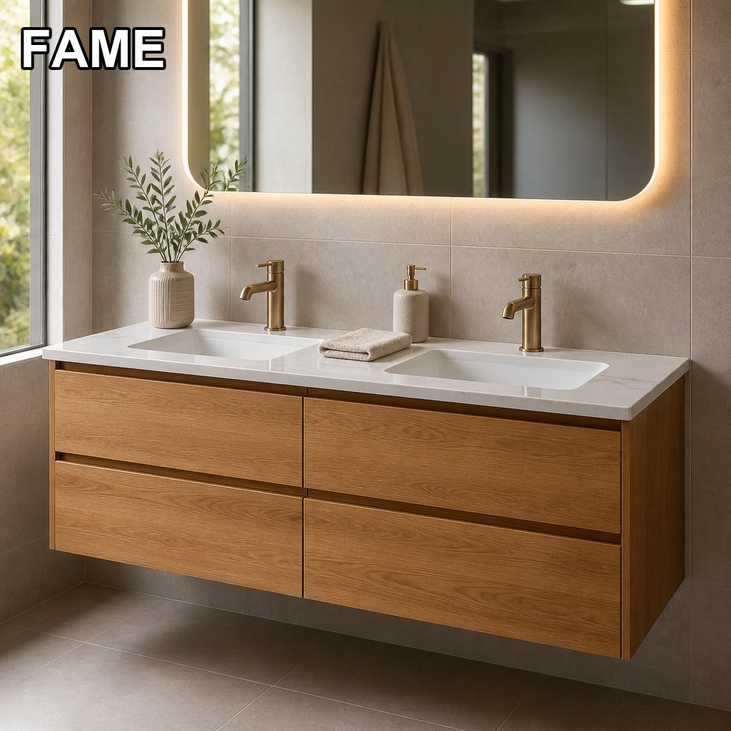 1200mm Double-Basin Floating Vanity — Warm Oak, Quartz Countertop in a real bathroom setting