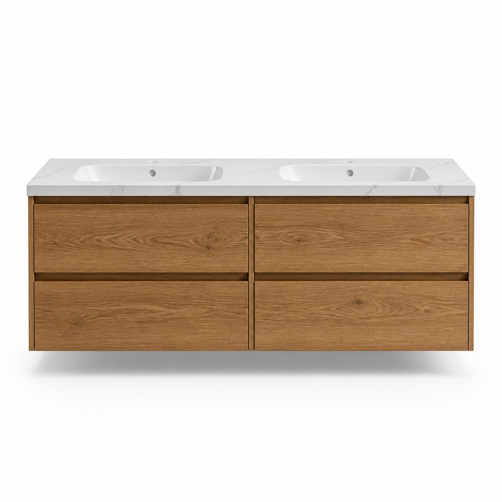 1200mm Double-Basin Floating Vanity — Warm Oak, Quartz Countertop — FAME bathroom cabinet manufacturer