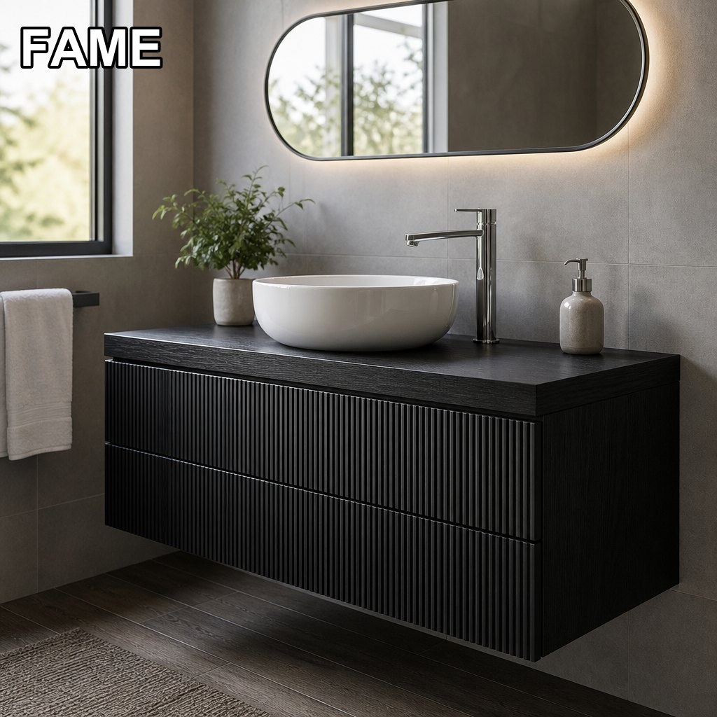 1200mm Fluted Black Oak Vanity — Dark Timber Statement in a real bathroom setting