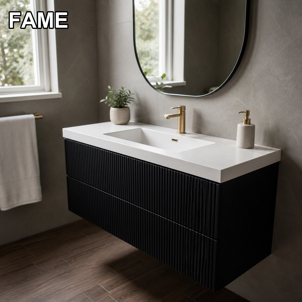 1200mm Fluted Black Vanity — White Stone Top, Gold Faucet in a real bathroom setting