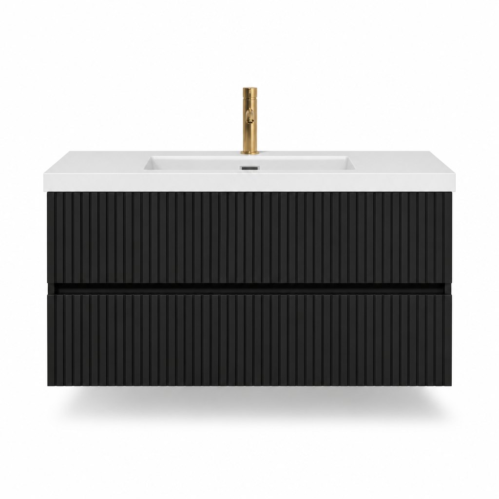 1200mm Fluted Black Vanity — White Stone Top, Gold Faucet — FAME bathroom cabinet manufacturer