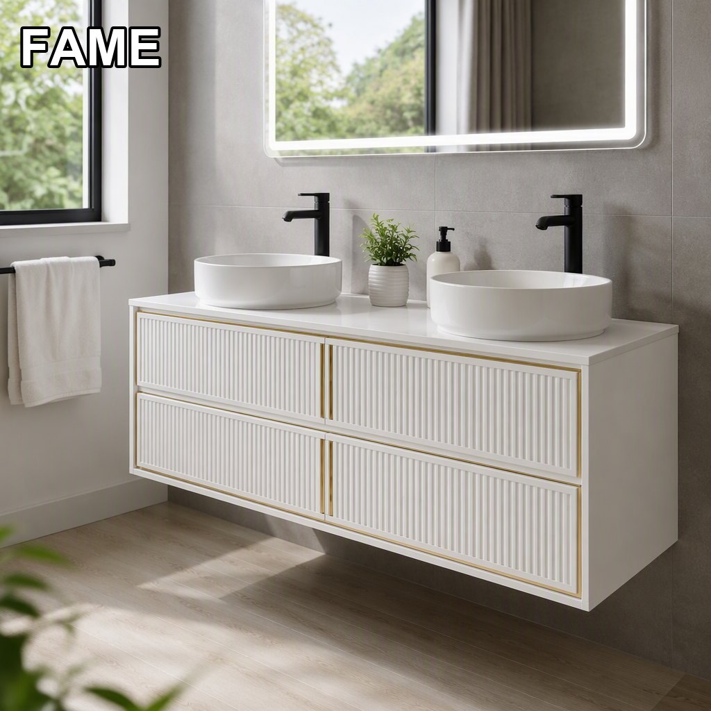 1200mm Fluted Gold-Ribbed Vanity — Metallic Line Texture in a real bathroom setting