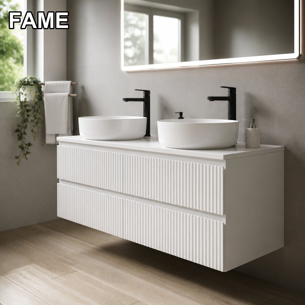 1200mm Fluted White Vanity — Double Vessel Basins in a real bathroom setting
