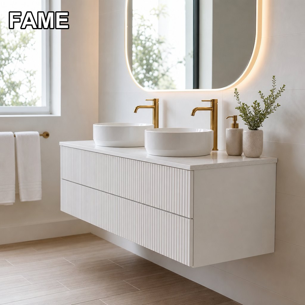 1200mm Fluted White Vanity — Vessel Basins, Gold Faucets in a real bathroom setting