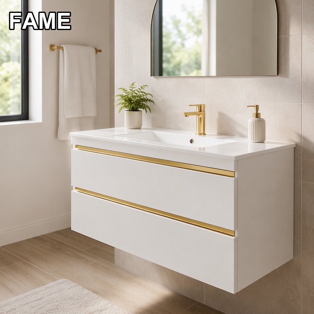 1200mm Gold-Band Vanity — Horizontal Metal Trim in a real bathroom setting