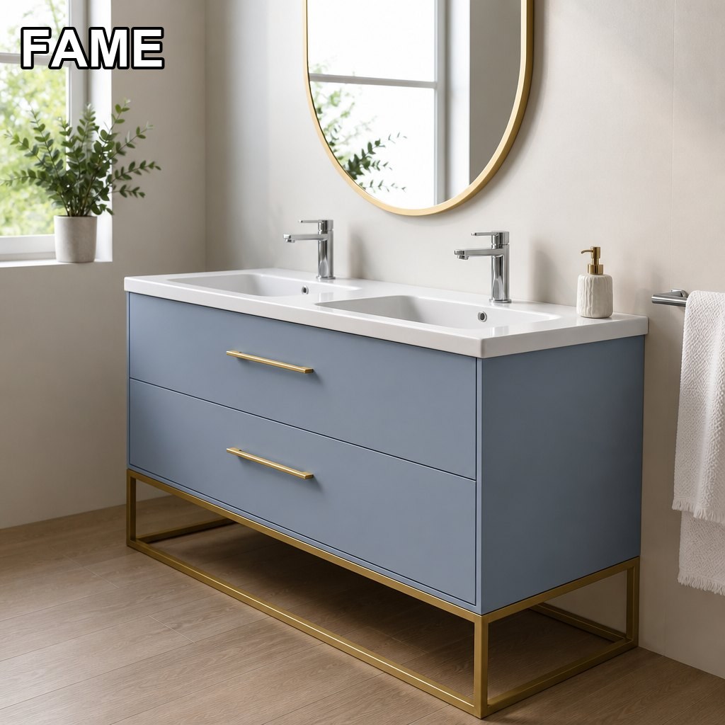 1200mm Gold-Frame Blue Vanity — Double Ceramic Basin in a real bathroom setting
