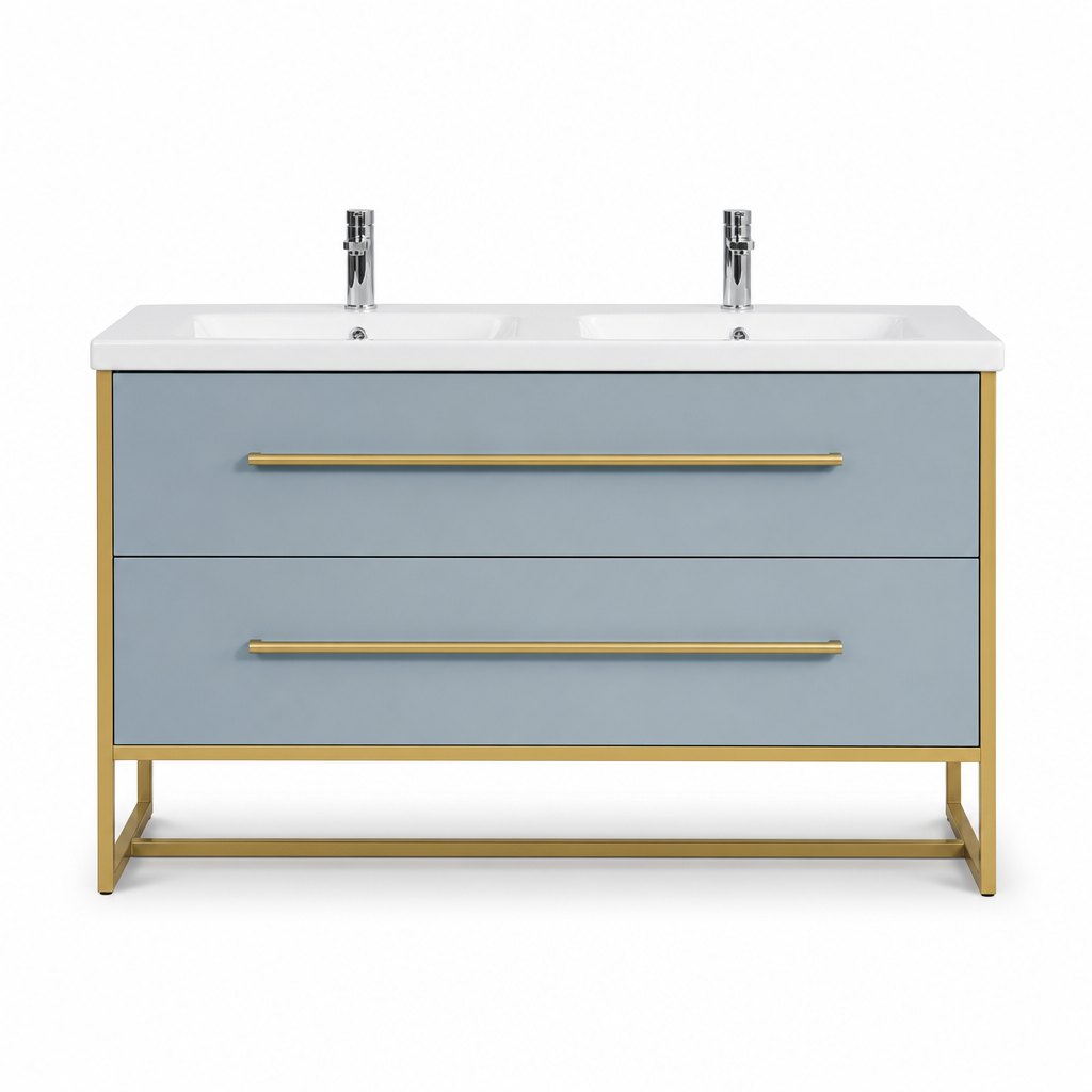 1200mm Gold-Frame Blue Vanity — Double Ceramic Basin — FAME bathroom cabinet manufacturer