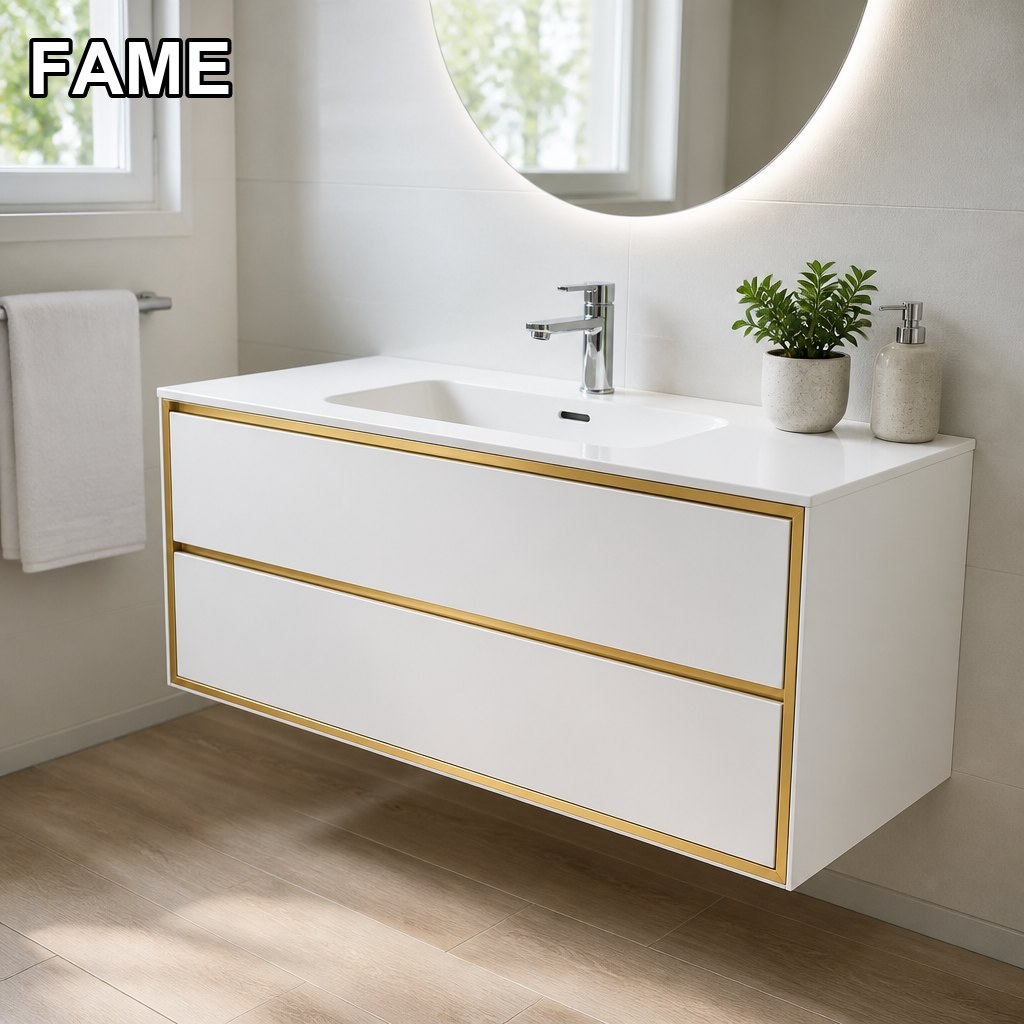 1200mm Gold-Frame Trim Vanity — Metal Perimeter Lines in a real bathroom setting