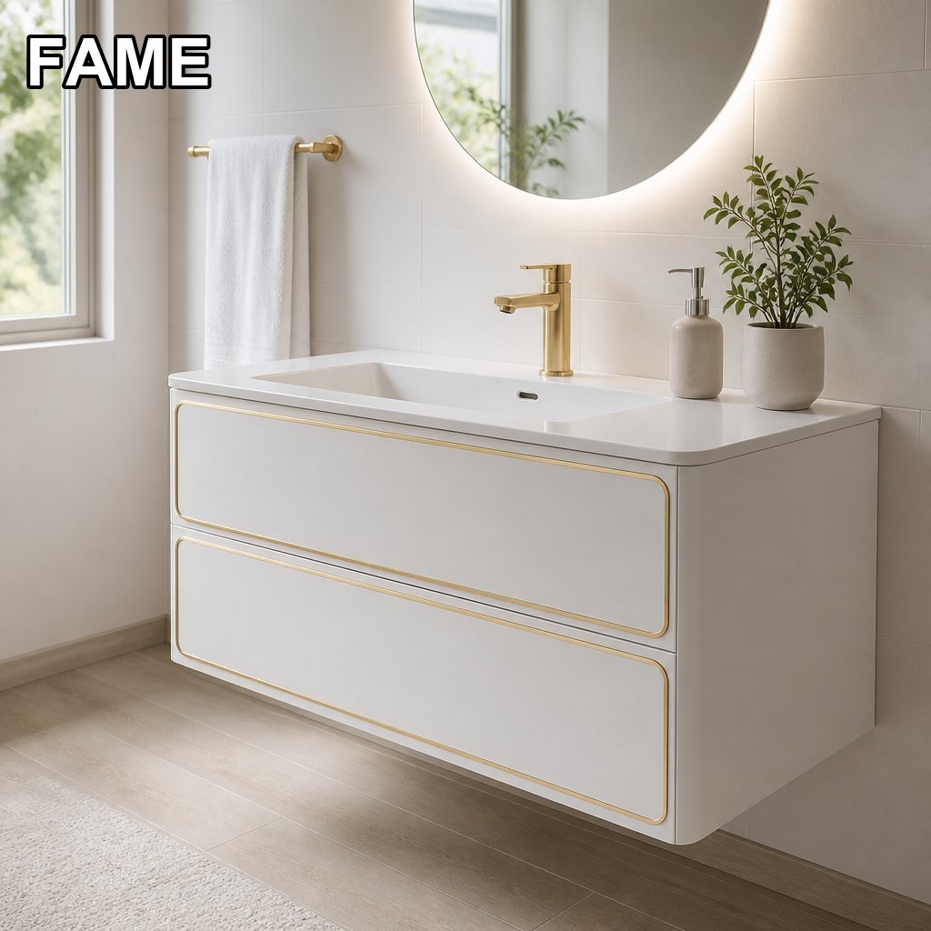 1200mm Gold-Line Rounded Vanity — Curves With Gold Lines in a real bathroom setting