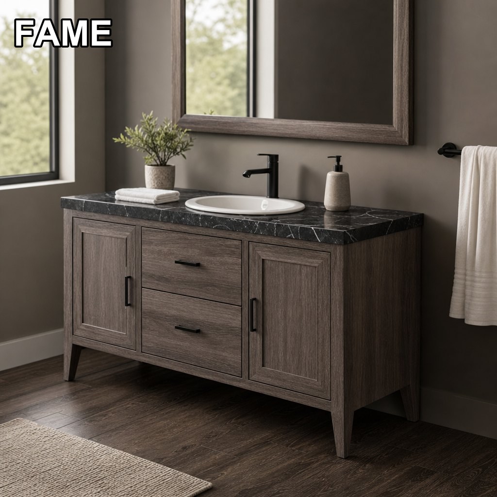 1200mm Grey-Walnut Vanity — Nero Marquina Marble Top in a real bathroom setting