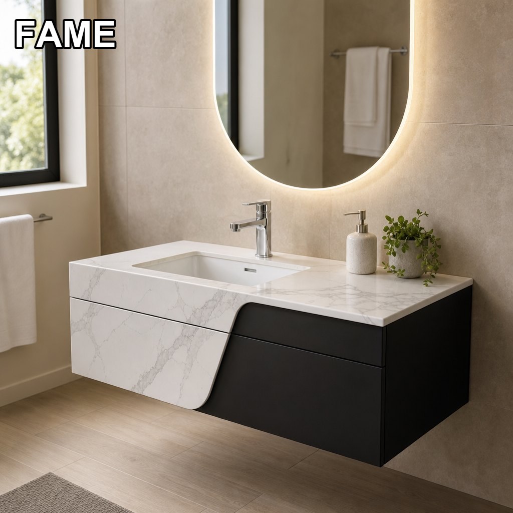 1200mm Marble & Black Asymmetric Vanity — Designer Two-Tone in a real bathroom setting