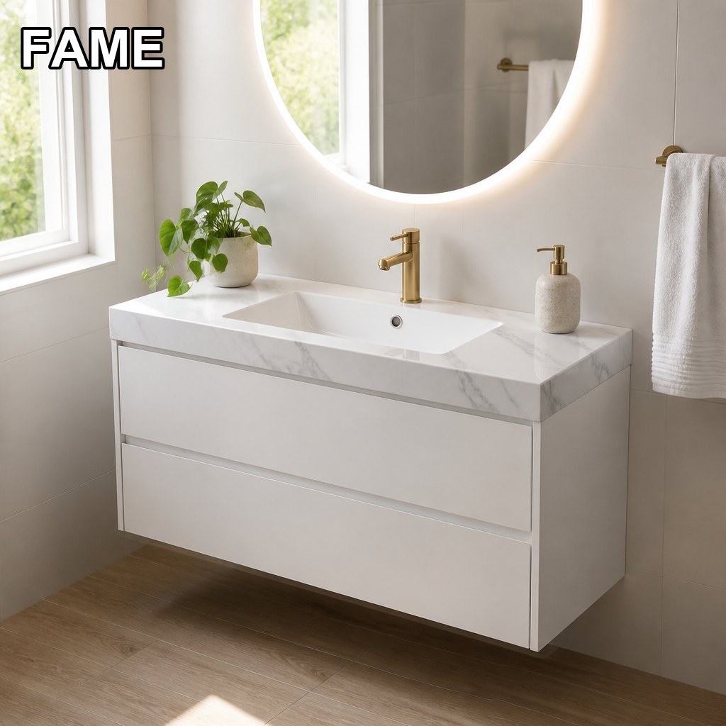 1200mm Marble-Top Vanity — Basin Top Above Floating Drawer in a real bathroom setting