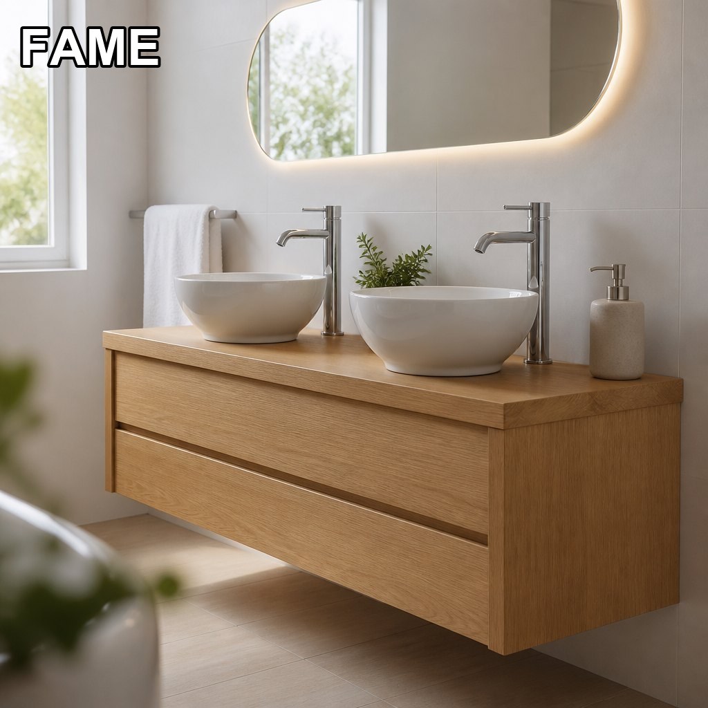 1200mm Natural Oak Vanity — Thick Oak Top, Round Vessel Basins in a real bathroom setting