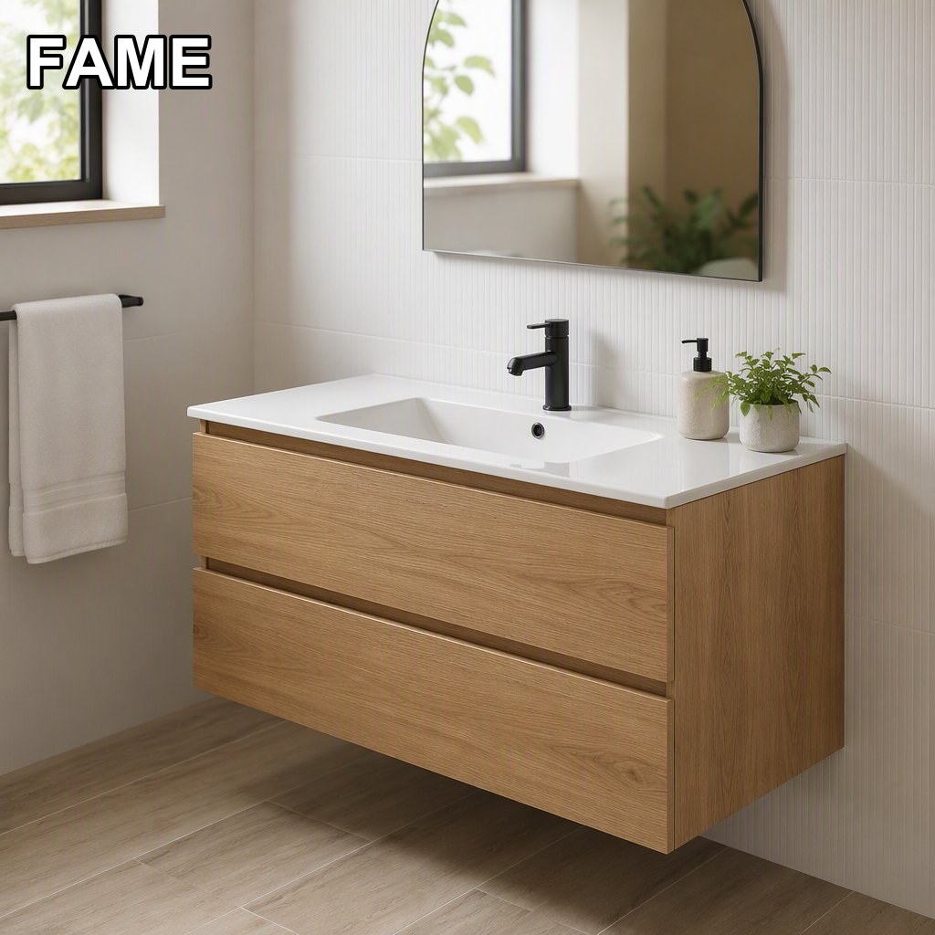 1200mm Oak Ceramic-Top Vanity — Integrated Basin, Black Faucet in a real bathroom setting