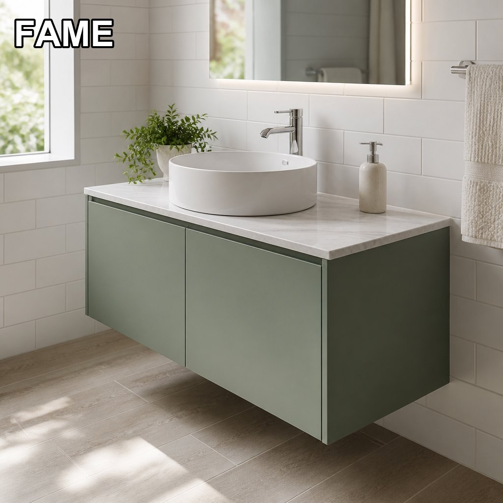 1200mm Sage Green Vanity — Marble-Pattern Top, Round Vessel Basin in a real bathroom setting