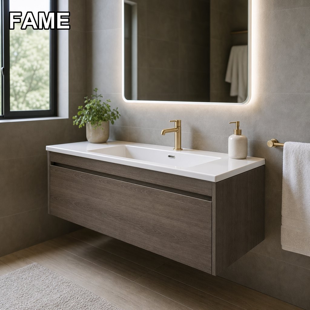 1200mm Smoke Oak Vanity — Seamless Continuous Drawer in a real bathroom setting
