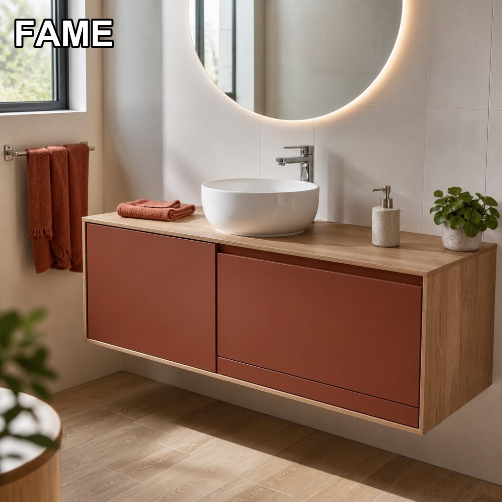 1200mm Terracotta & Wood Vanity — Vessel Basin on Wood Top in a real bathroom setting