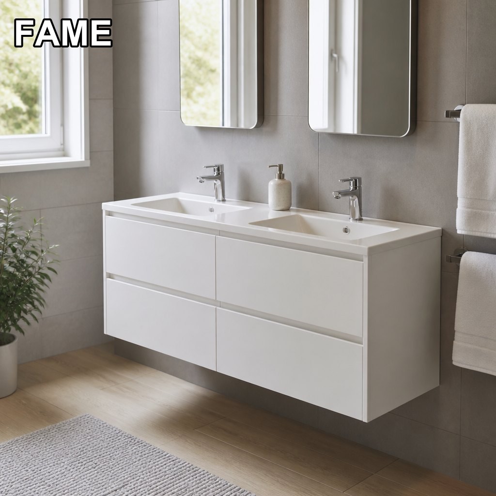1200mm White Silk Vanity — Double Ceramic Basin, 2x2 Drawers in a real bathroom setting