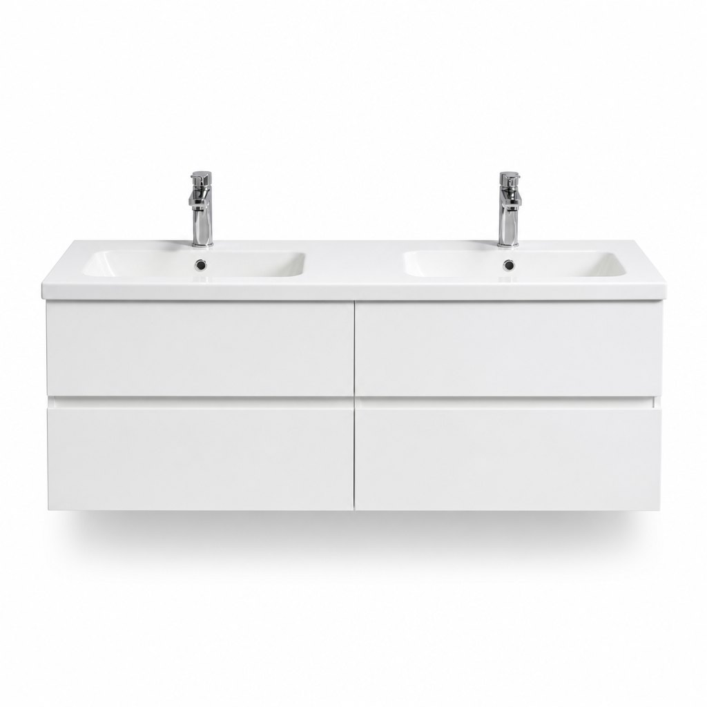 1200mm White Silk Vanity — Double Ceramic Basin, 2x2 Drawers — FAME bathroom cabinet manufacturer