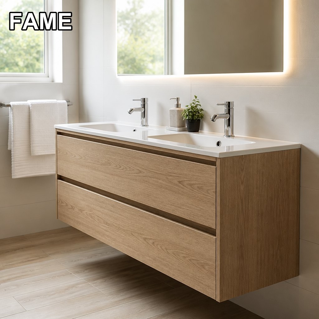 1200mm Wood-Grain Double Vanity — Oak Tone, Twin Basins in a real bathroom setting