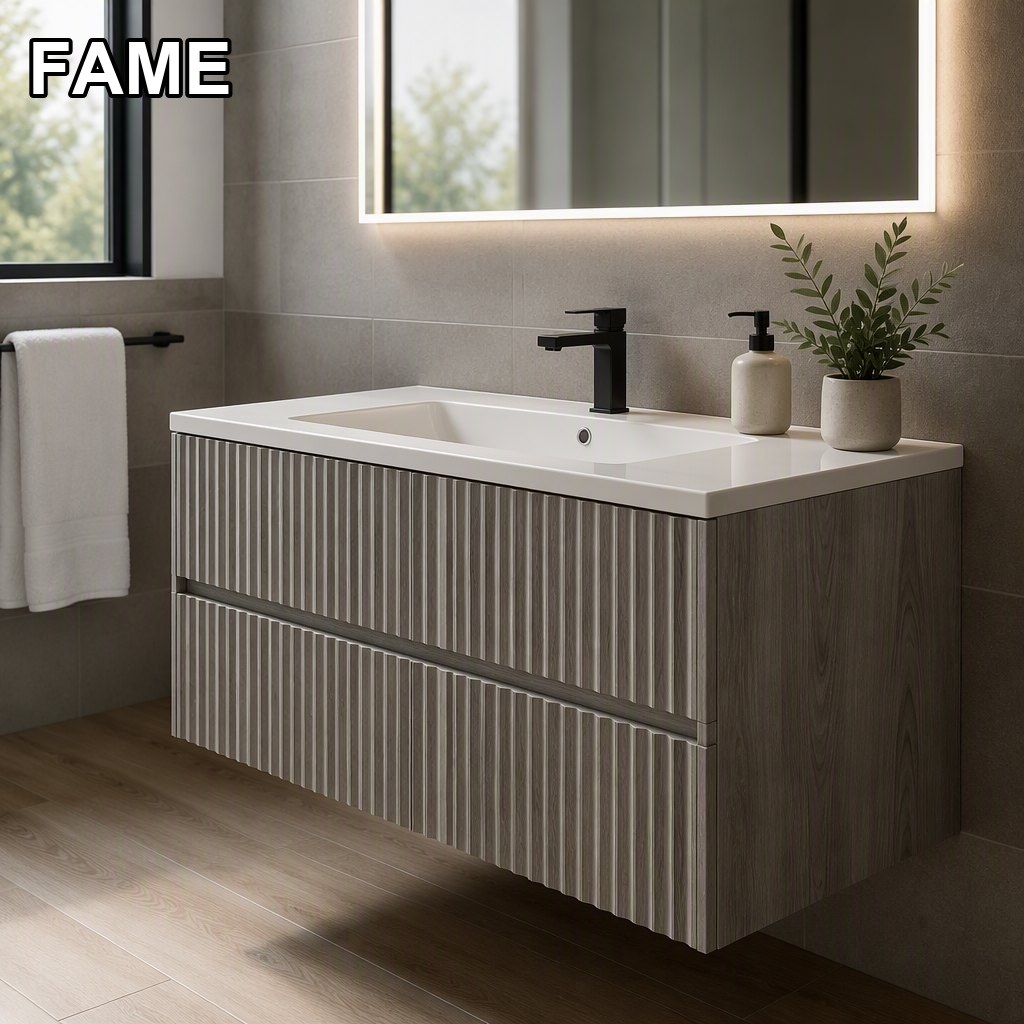 1200mm Wood-Slat Trim Vanity — Vertical Banding Texture in a real bathroom setting