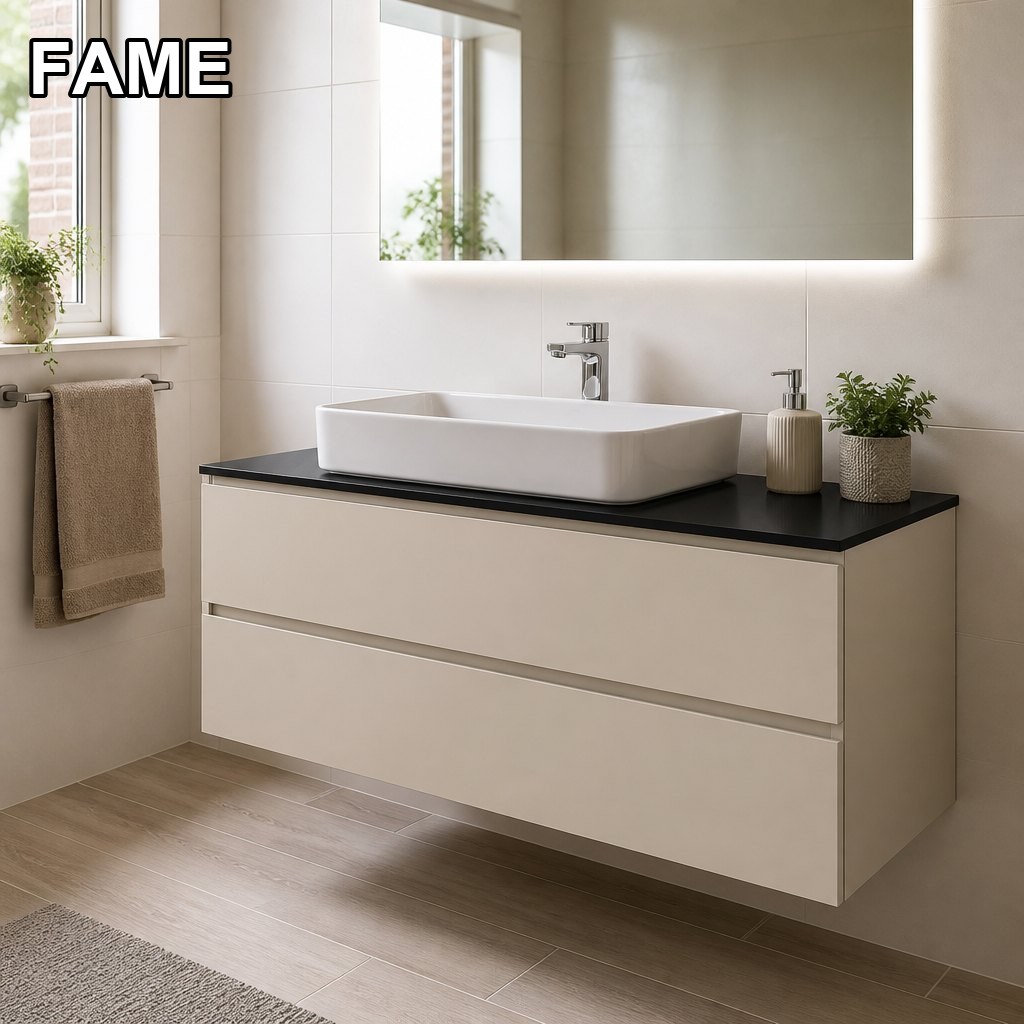 1300mm Beige Vanity — Black Countertop, White Vessel Basin in a real bathroom setting