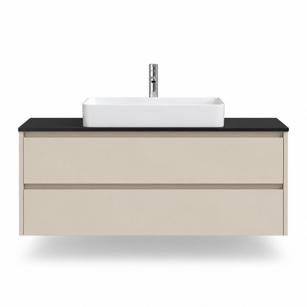1300mm Beige Vanity — Black Countertop, White Vessel Basin — FAME bathroom cabinet manufacturer