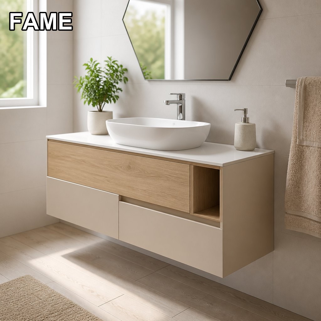 1500mm Asymmetric Beige & Wood Vanity — Designer Offset Look in a real bathroom setting