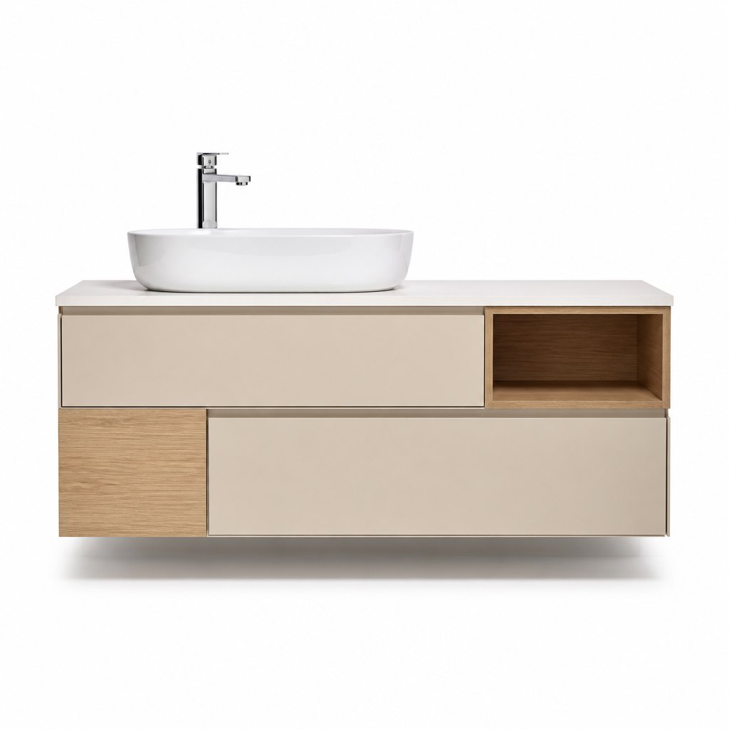 1500mm Asymmetric Beige & Wood Vanity — FAME OEM bathroom vanity