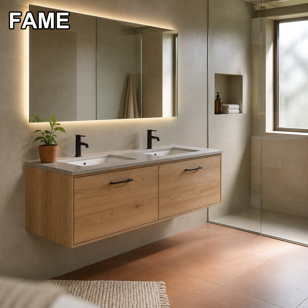 1500mm Warm-Oak Double-Basin Floating Vanity — Drawers Both Sides of the Siphon in a real bathroom setting