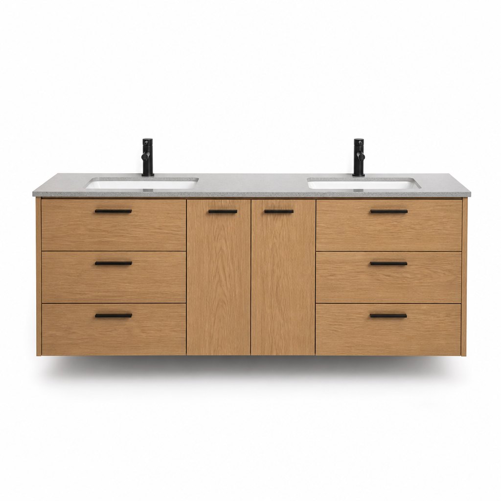 1500mm Warm-Oak Double-Basin Floating Vanity — Drawers Both Sides of the Siphon — FAME bathroom cabinet manufacturer