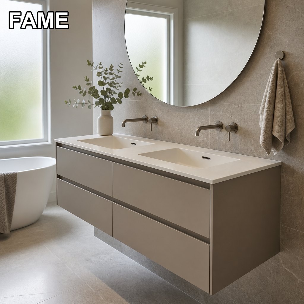 1800 mm Double-Basin Wall-Hung Vanity — Twin Thermoformed Basins, Warm Greige Lacquer in a real bathroom setting