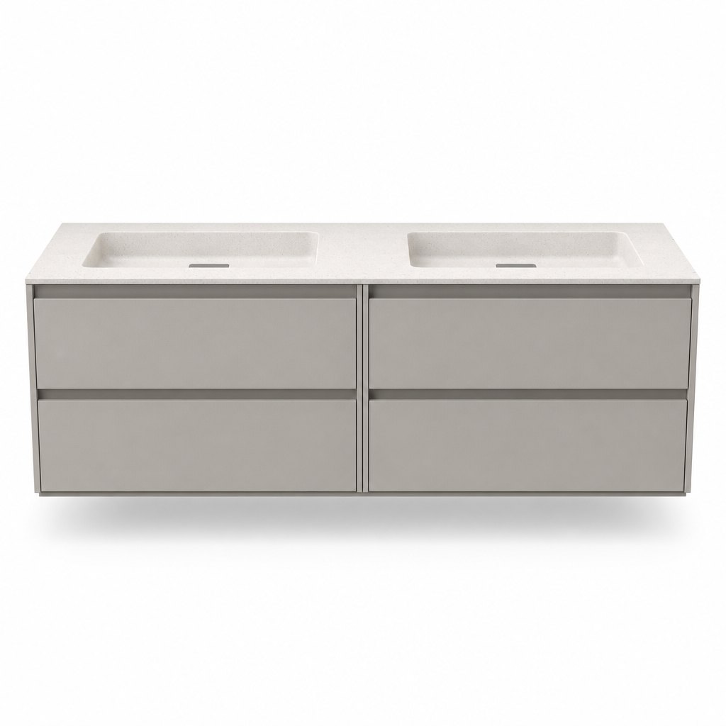 1800 mm Double-Basin Wall-Hung Vanity — Twin Thermoformed Basins, Warm Greige Lacquer — FAME bathroom cabinet manufacturer