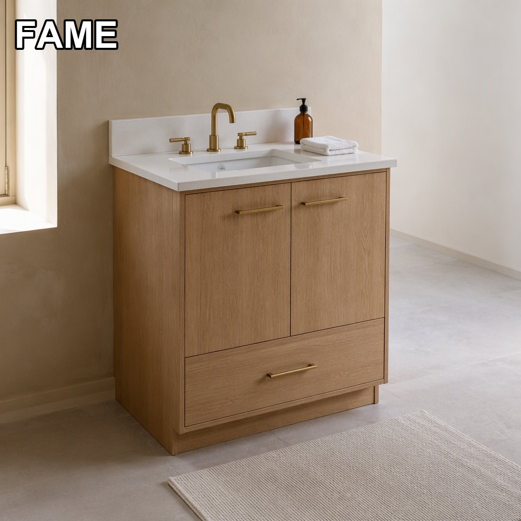 30″ Warm-Oak Freestanding Vanity — White Quartz Top, Undermount Sink & Matching Backsplash in a real bathroom setting
