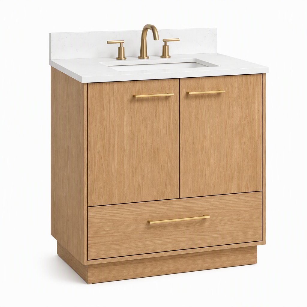 30″ Warm-Oak Freestanding Vanity — White Quartz Top, Undermount Sink & Matching Backsplash — FAME bathroom cabinet manufacturer