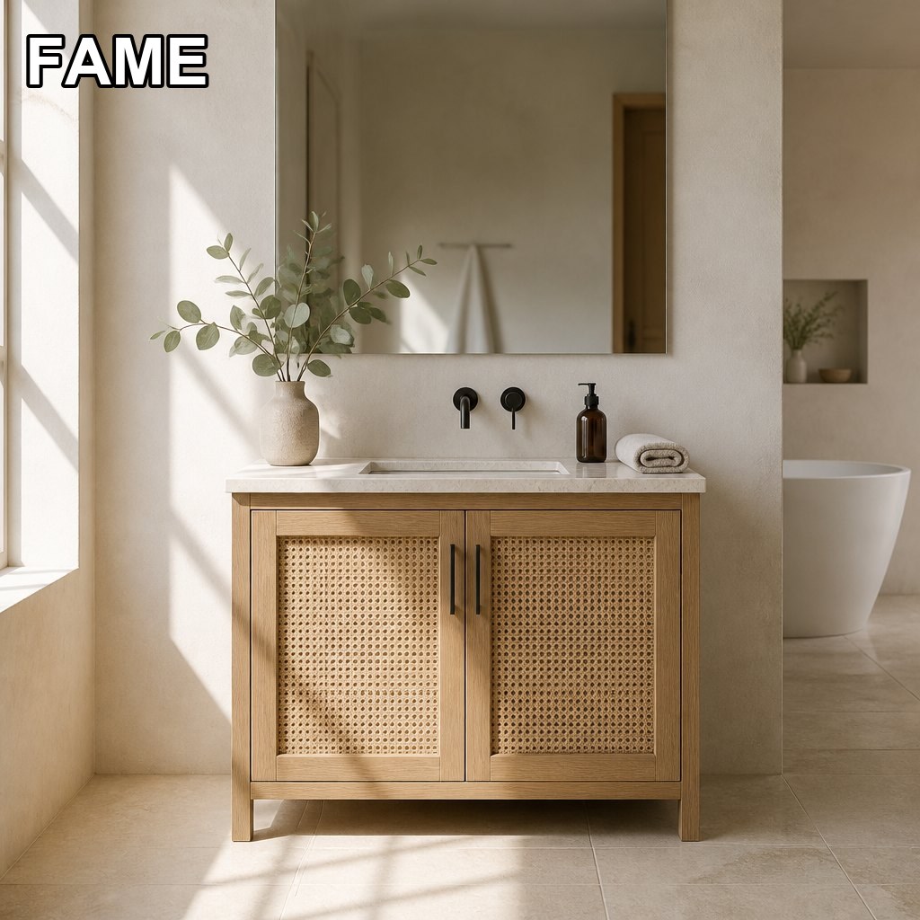 36 Inch Cane-Front White Oak Freestanding Vanity — Sintered Stone Top in a real bathroom setting