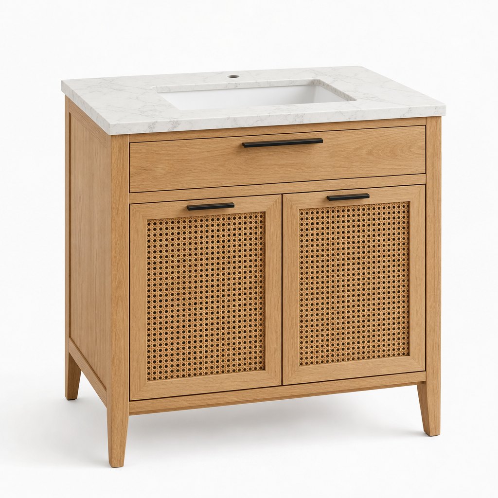 36 Inch Cane-Front White Oak Freestanding Vanity — Sintered Stone Top — FAME bathroom cabinet manufacturer