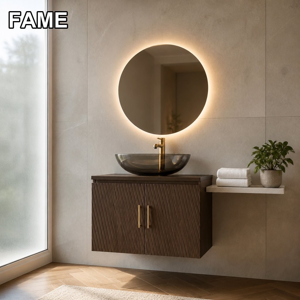 36″ Dark Walnut Fluted Wall-Mounted Vanity — Smoked-Glass Vessel Sink + Gold Hardware in a real bathroom setting