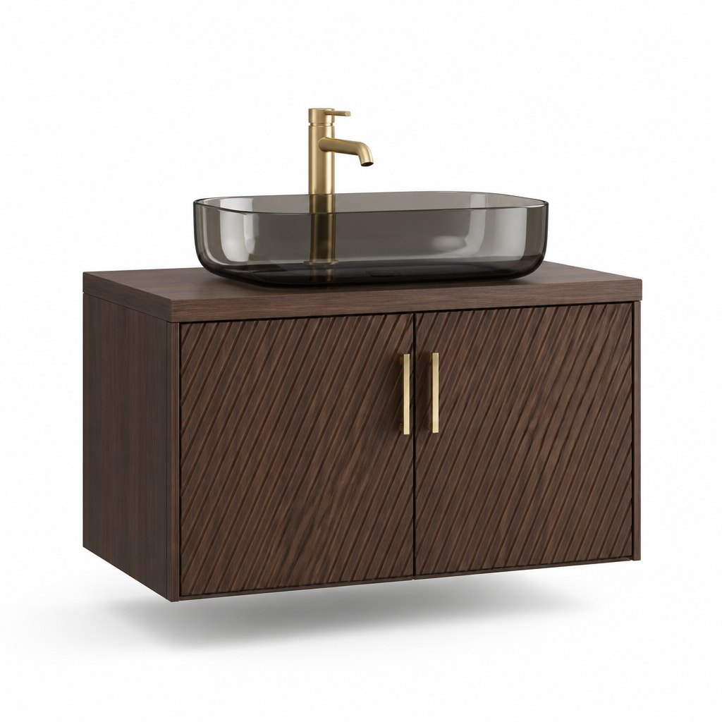 36″ Dark Walnut Fluted Wall-Mounted Vanity — Smoked-Glass Vessel Sink + Gold Hardware — FAME bathroom cabinet manufacturer