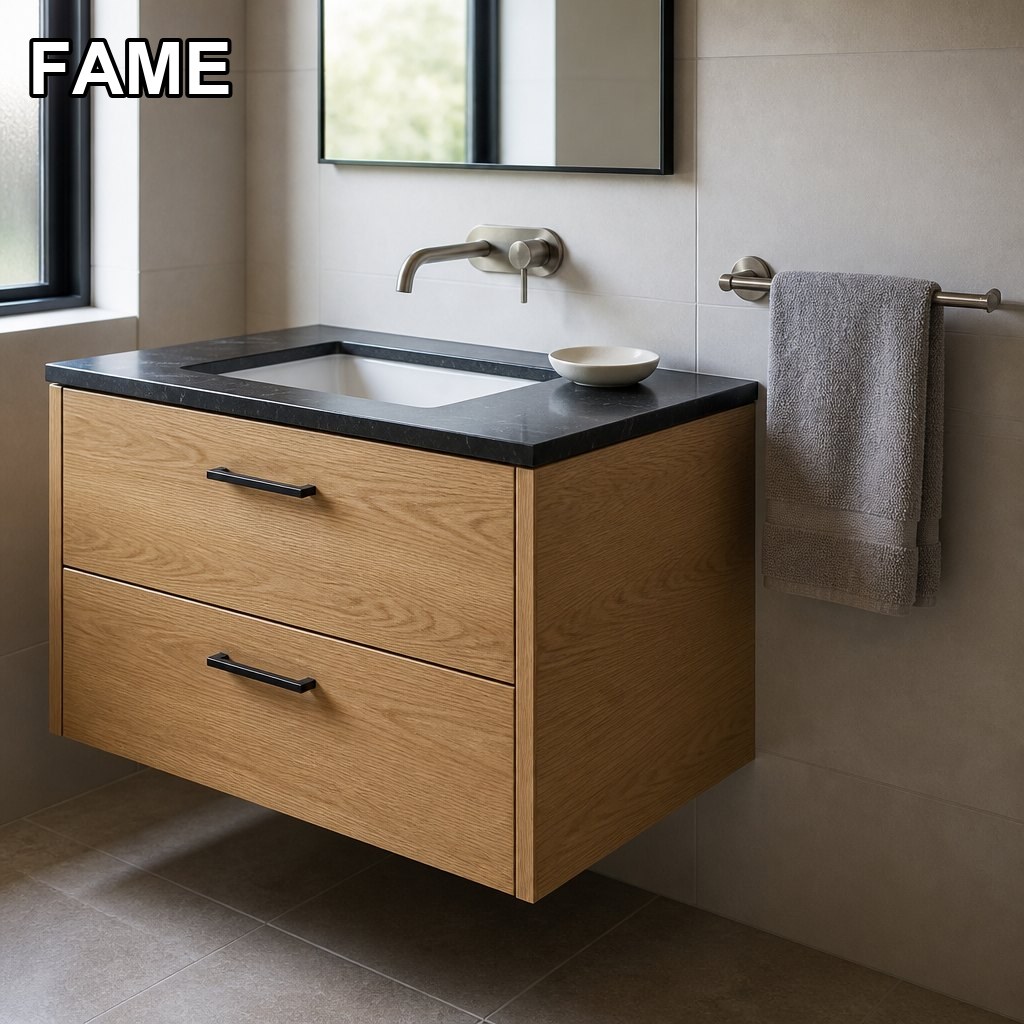 36″ Waterproof-Plywood Oak Vanity — Black Quartz Top for US Bathroom Programmes in a real bathroom setting
