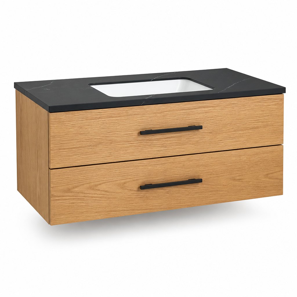 36″ Waterproof-Plywood Oak Vanity — Black Quartz Top for US Bathroom Programmes — FAME bathroom cabinet manufacturer